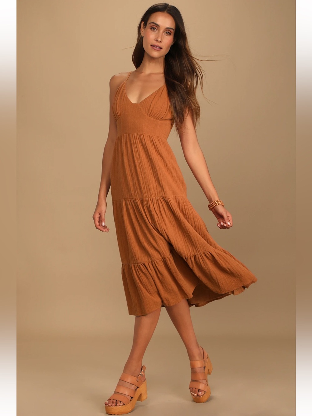 Lulus Bliss Abound Rust Brown Tiered Midi Dress